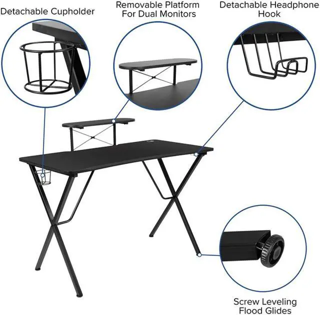 Alt view image 18 of 20 - Black Gaming Desk and Red/Black Reclining Gaming Chair Set with Cup Holder, Headphone Hook, and Monitor/Smartphone Stand