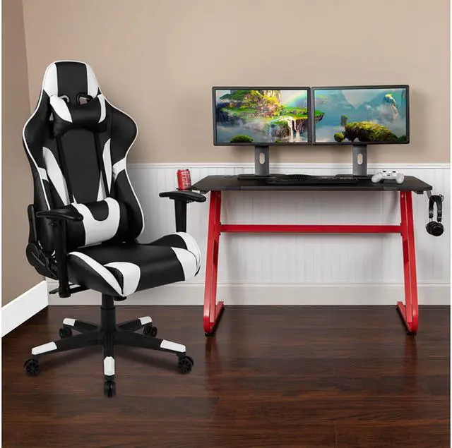 Alt view image 15 of 20 - Red Gaming Desk and Black Reclining Gaming Chair Set with Cup Holder and Headphone Hook