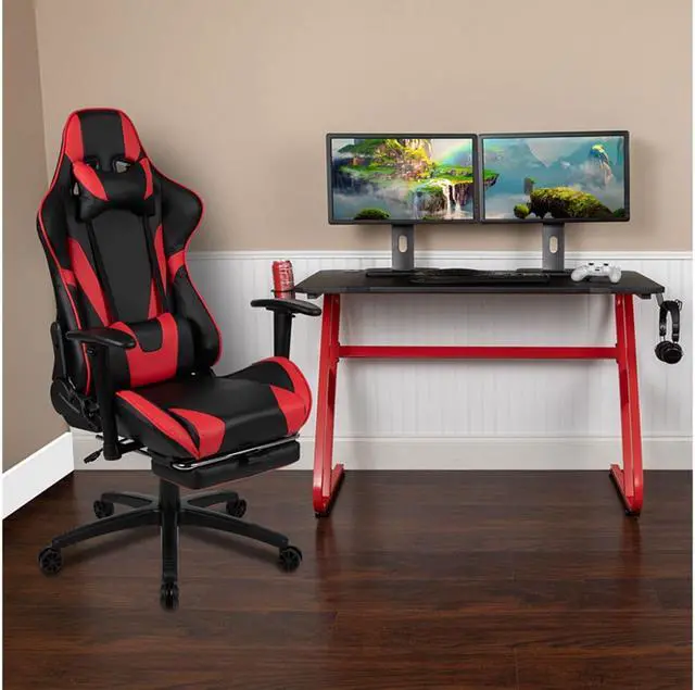 Alt view image 15 of 20 - Red Gaming Desk and Red/Black Footrest Reclining Gaming Chair Set with Cup Holder and Headphone Hook