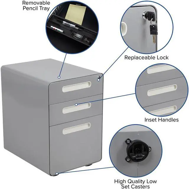 Alt view image 13 of 20 - Ergonomic 3-Drawer Mobile Locking Filing Cabinet with Anti-Tilt Mechanism and Hanging Drawer for Legal & Letter Files, Gray