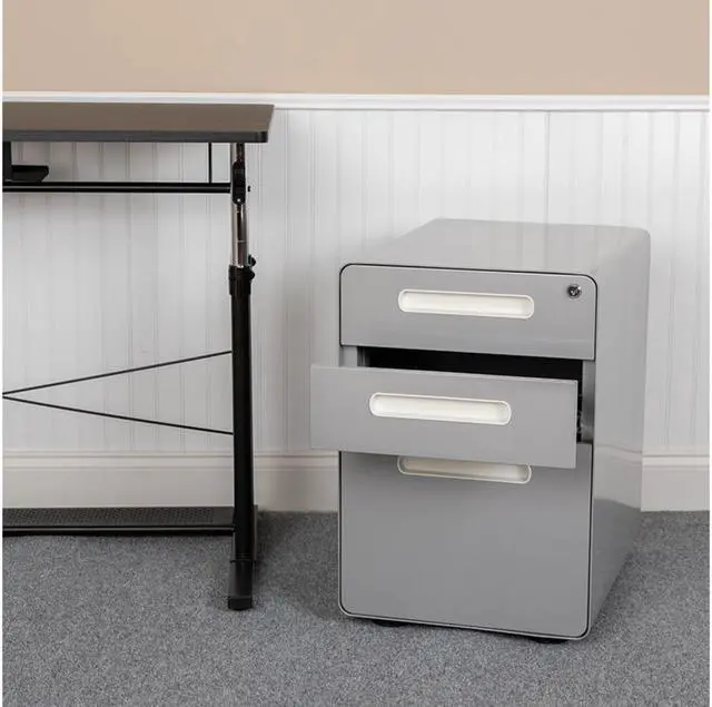 Alt view image 9 of 20 - Ergonomic 3-Drawer Mobile Locking Filing Cabinet with Anti-Tilt Mechanism and Hanging Drawer for Legal & Letter Files, Gray