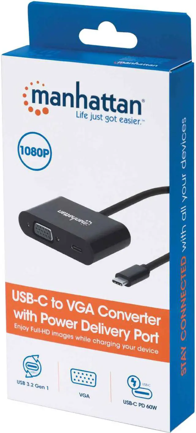 Alt view image 6 of 6 - Manhattan USB-C to VGA Converter with Power Delivery Port, Full-HD Support, 60W PD, Plug & Play, Thunderbolt 3 Compatible, EMI Shielded for Clear Display -  153430