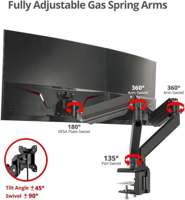 Alt view image 4 of 20 - SIIG Dual Monitor Heavy-Duty Premium Aluminum Gas Spring Desk Mount CEMT3011S1