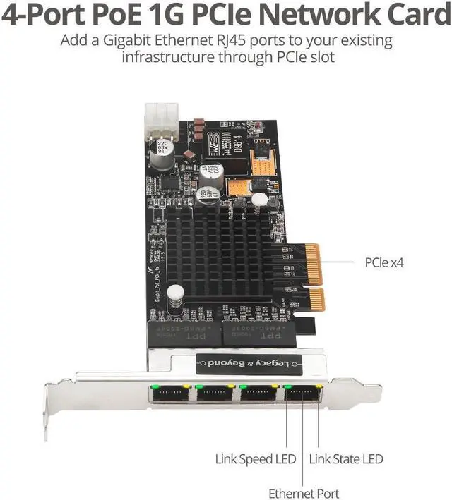 Alt view image 8 of 10 - SIIG 4 Port Gigabit Ethernet with POE PCIe Card Intel 350 LBGE0811S1