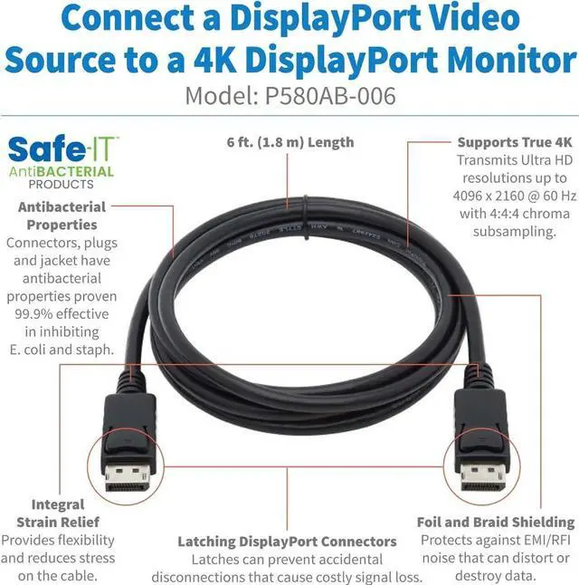 Alt view image 2 of 16 - Tripp Lite P580AB-006 6ft High-Speed DisplayPort Antibacterial Cable Black