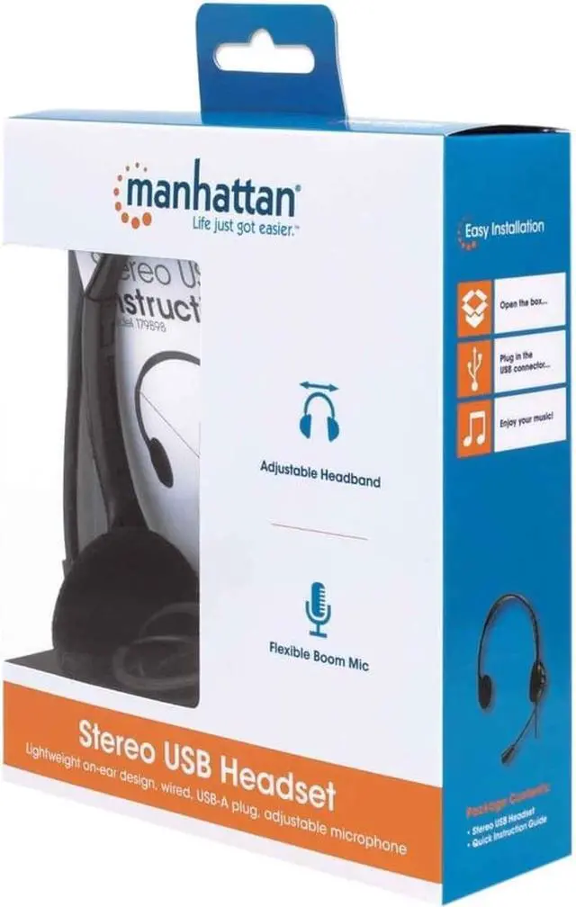 Alt view image 4 of 20 - Manhattan Stereo USB Headset - Stereo - USB Type A - Wired - 32 Ohm - 20 Hz - 20 kHz - Over-the-head - Binaural - Supra-aural - 4.92 ft Cable - Uni-directional Microphone - Black