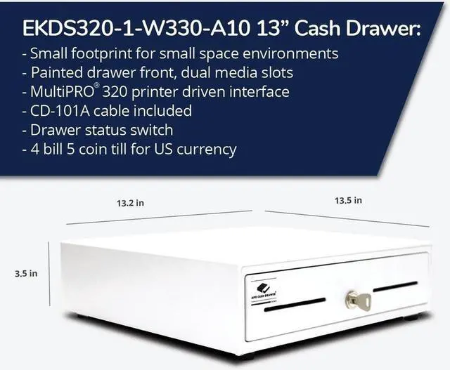Alt view image 7 of 8 - APG Entry Level- 13" Electronic Point of Sale Cash Drawer | Arlo Series EKDS320-1-W330-A10 | Printer Compatible with CD-101A Cable Included | Plastic Till with 4 Bill/ 5 Coin Compartments | White