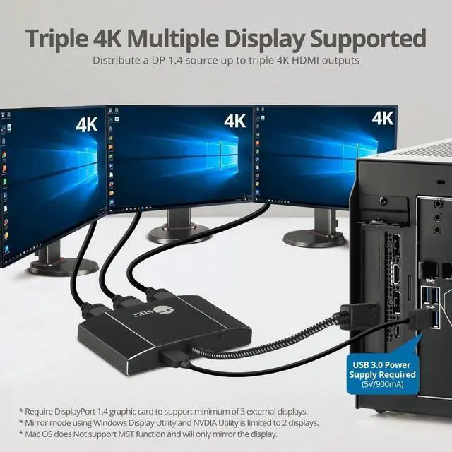 Alt view image 6 of 16 - Triple 4K DisplayPort 1.4 to HDMI MST Hub Splitter - 3 Port - 32.4Gbps Bandwidth - Supports 4K HDR and HDCP 2.2
