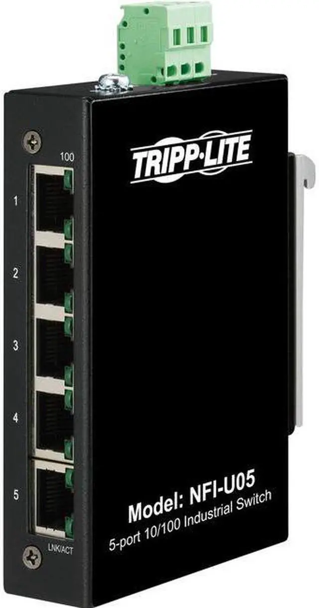 Main image of Tripp Lite NFI-U05 Ethernet Switch - 5 Ports - Fast Ethernet - 10/100Base-T - TAA Compliant - 2 Layer Supported - 3 W Power Consumption - Twisted Pair - DIN Rail Mountable, Wall Mountable - 3 Year Lim