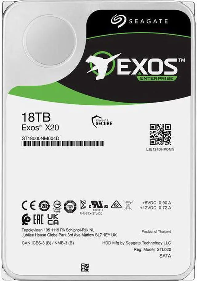 Main image of Seagate Exos X20 ST18000NM004D 18TB 7200 RPM 256MB Cache SATA 6.0Gb/s 3.5" Internal Hard Drive, SED