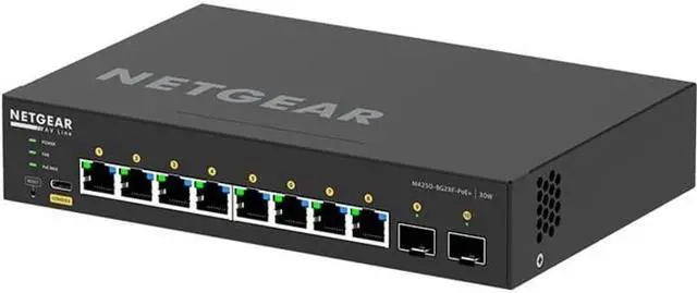 Alt view image 2 of 6 - Netgear AV Line M4250 GSM4210PX Ethernet Switch - 8 Ports - Manageable - 10 Gigabit Ethernet - 10GBase-T, 10GBase-X - 3 Layer Supported - Power Adapter - 220 W PoE Budget - Optical Fiber, Twisted Pair