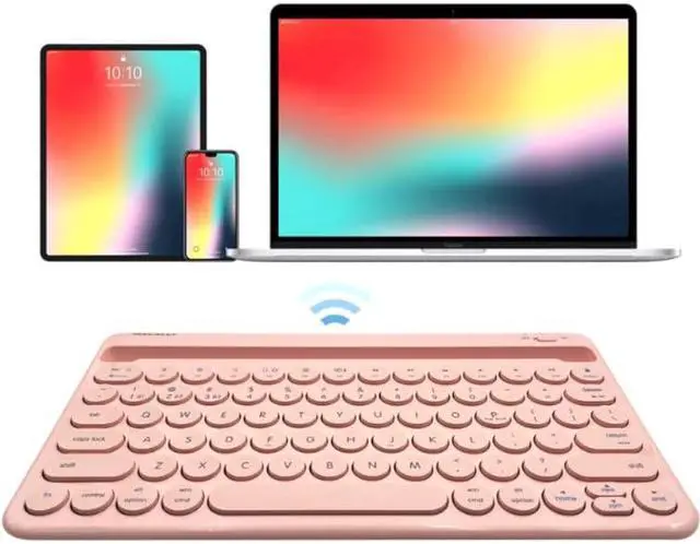 Alt view image 6 of 6 - macally pink bluetooth keyboard for tablet and phone - multi device wireless keyboard for iphone ipad - rechargeable bluetooth tablet keyboard with stand