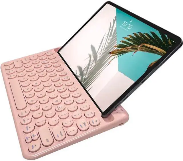 Alt view image 4 of 6 - macally pink bluetooth keyboard for tablet and phone - multi device wireless keyboard for iphone ipad - rechargeable bluetooth tablet keyboard with stand
