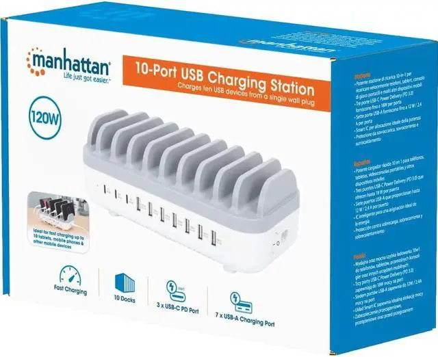 Alt view image 2 of 13 - Manhattan 10-Port USB Charging Station - 120 W - 120 W - 120 V AC, 230 V AC Input - 5 V DC/3 A, 9 V DC, 12 V DC Output - White, Gray