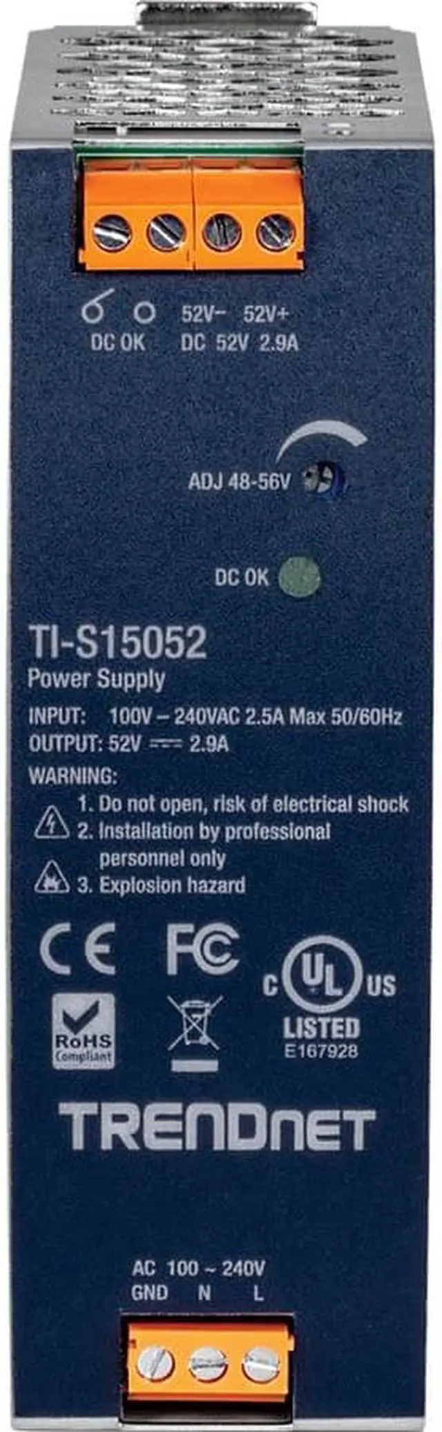 Alt view image 10 of 12 - TRENDnet TI-S15052, 150W, 52V DC, 2.89A AC to DC DIN-Rail Power Supply with PFC Function
