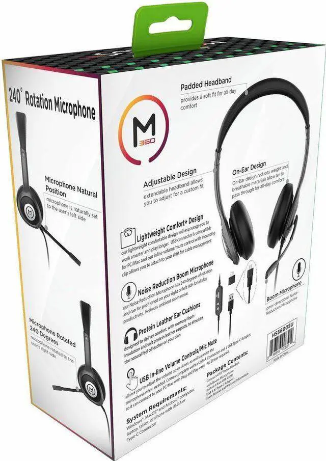 Alt view image 6 of 9 - Morpheus 360 Connect USB Stereo Headset with Boom Microphone - Noise Reduction Mic- Protein Leather Ear Cushions - in-Line Volume Controls - Mute Button - Black - HS5600SU