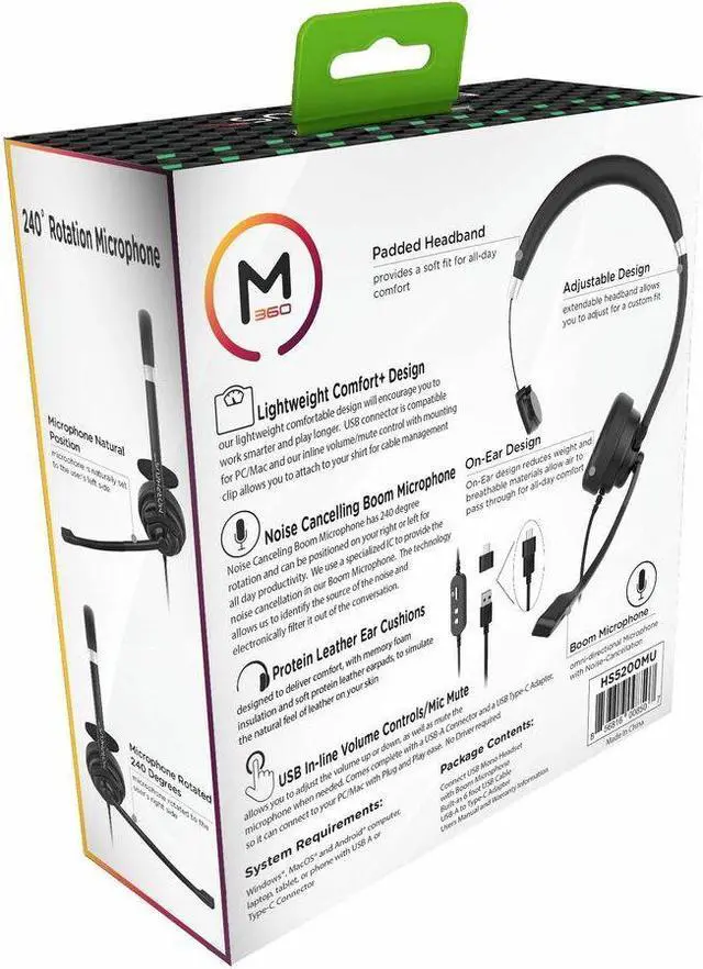 Alt view image 7 of 15 - Morpheus 360 Connect USB Mono Headset with Boom Microphone - Noise Cancelling - Reversible Design - Protein Leather Ear Cushion - in-Line Volume Controls - Mute Button - Black - HS5200MU