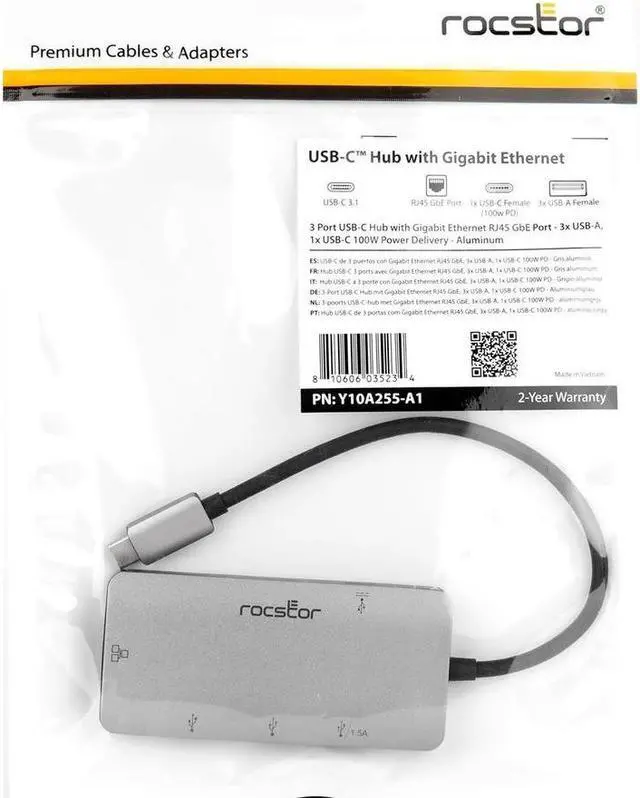 Alt view image 8 of 11 - Rocstor Premium USB-C Hub with USB-A, Gigabit Ethernet & USB-C 100W PD - USB 3.0 Type C - External - 4 USB Port(s) - 1 Network (RJ-45) Port(s) - 3 USB 3.0 Port(s) - PC, Mac, Linux, Android, Chrome OS
