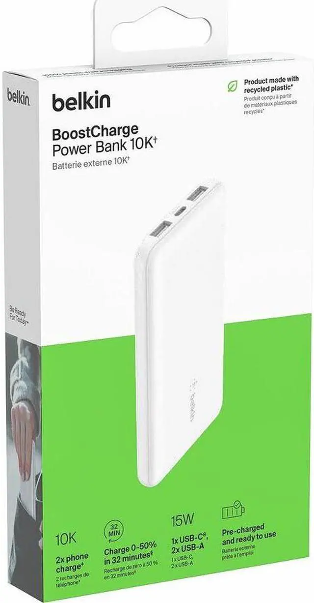 Alt view image 5 of 8 - Belkin 15W 3-port USB Power Bank - 10K mAh - 2xUSB-A (12W), 1xUSB-C (15W) - Portable Charger - w/ USB-A to USB-C Cable - White - For iPhone, iPad, AirPod, Smartwatch, Smartphone - 10000 mAh - 3 x USB