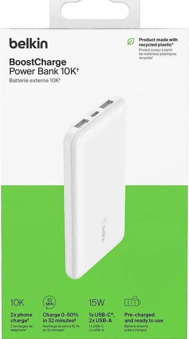 Alt view image 6 of 8 - Belkin 15W 3-port USB Power Bank - 10K mAh - 2xUSB-A (12W), 1xUSB-C (15W) - Portable Charger - w/ USB-A to USB-C Cable - White - For iPhone, iPad, AirPod, Smartwatch, Smartphone - 10000 mAh - 3 x USB