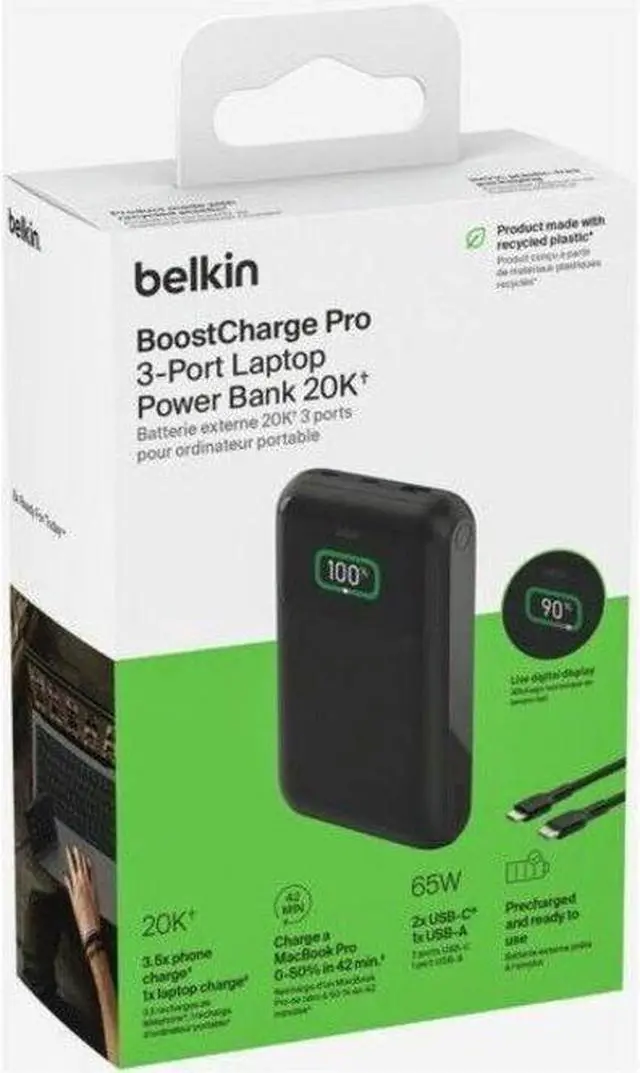 Alt view image 6 of 12 - Belkin 65W 3-port USB Power Bank w/ Digital Display - 20K mAh - 2xUSB-C, 1xUSB-A - Portable Charger - w/ USB-C to USB-C Cable - Black - For Universal, Smartphone, Tablet PC, Notebook, iPad, iPad Pro,