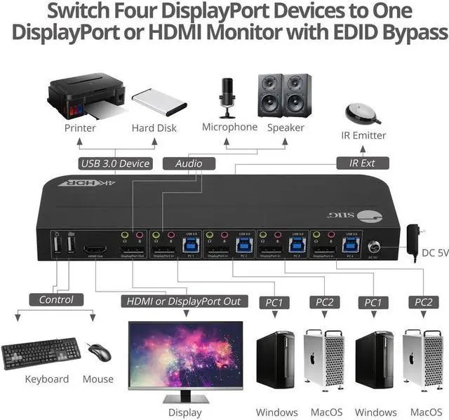 Alt view image 15 of 15 - SIIG 4x1 DisplayPort 4K KVM USB 3.0 Switch with Remote Control