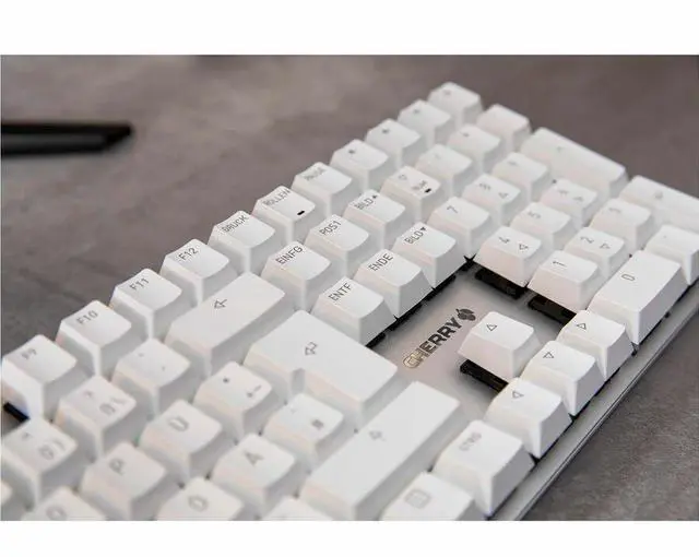 Alt view image 7 of 8 - CHERRY KC 200 MX-Wired Keyboard - MX2A SILENT RED - Silver/White Housing - Linear feel - abrasion resistant keys - white LED indicators built into status keys - adjustable feet