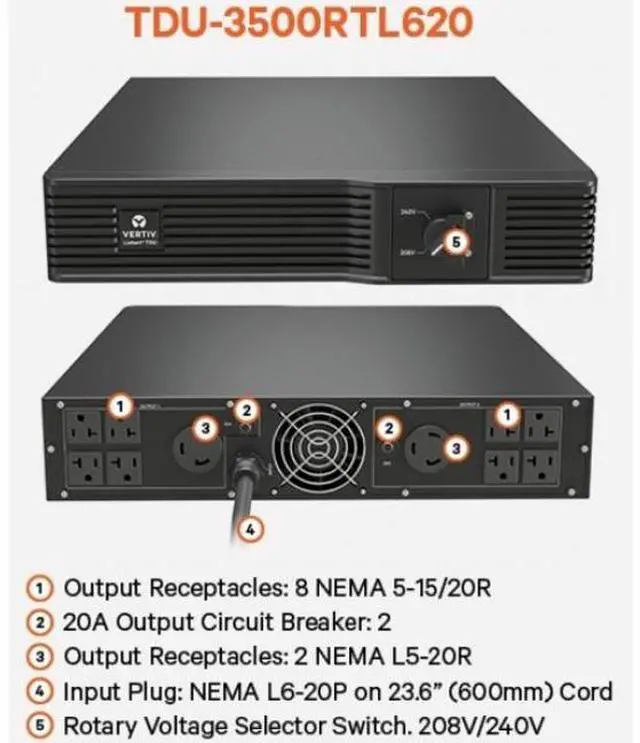 Alt view image 8 of 10 - Vertiv Liebert TDU - 3440VA/3440W 120VAC|Step Down Transformer/Voltage Converter - 3440VA |2U Rack Tower |Forced Air Cooling | 10 NEMA oulets | UL cUL | 94% AC-AC Efficiency - TDU3500RTL620