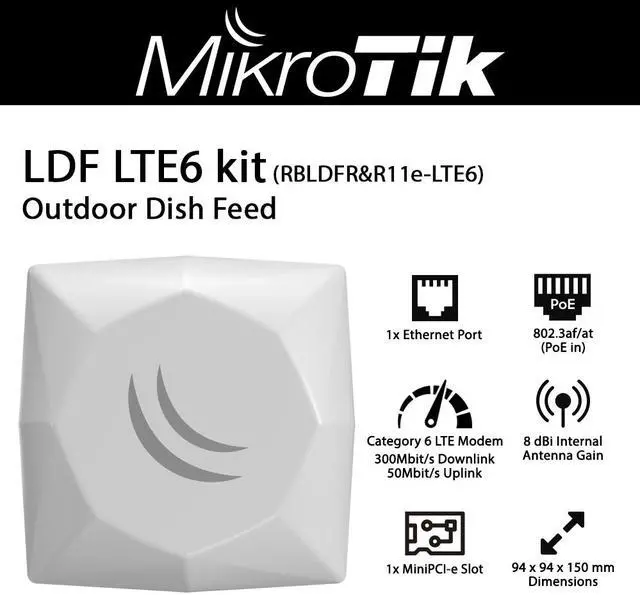 Main image of Mikrotik LDF LTE6 kit RBLDFR&R11e-LTE6 Outdoor Dish Feed with 8 dBi Built-in Antenna and CAT6 LTE Modem