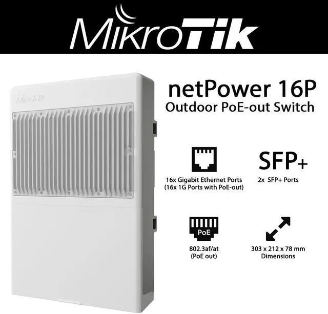 Main image of Mikrotik netPower 16P CRS318-16P-2S+OUT Outdoor Switch 16x Gigabit PoE-out Ports and 2 SFP+ Ports