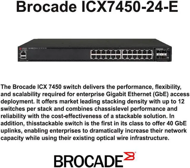 Alt view image 3 of 4 - Brocade ICX7450-24-E Icx 7450-24 - Switch - L3 - Managed - 24 X 10/100/1000 + 4 X 10 Gigabit Sfp+ (Uplink) + 2 X 40 Gigabit Qsfp+ (Uplink) - Rack-Mountable