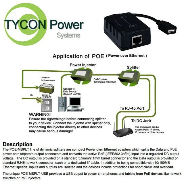 Main image of Tycon (POE-MSPLT-USB) Mini Splitter 802.3af/at or passive48 POE In, USB 15W Out