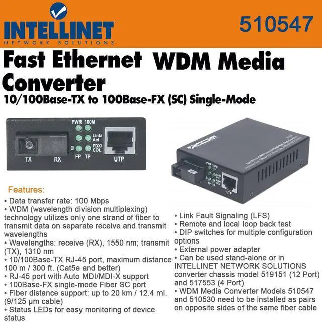 Alt view image 2 of 9 - Intellinet Fast Ethernet WDM Bi-Directional Single Mode Media Converter, 10/100Base-TX to 100Base-FX (SC) Single-Mode, 20 km (12.4 mi.), WDM (RX1550/TX1310)
