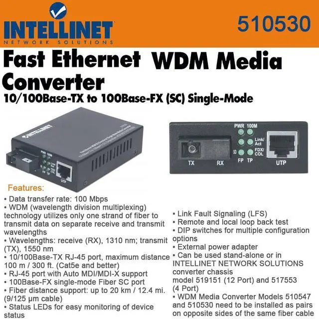 Alt view image 2 of 9 - Intellinet Fast Ethernet WDM Bi-Directional Single Mode Media Converter, 10/100Base-TX to 100Base-FX (SC) Single-Mode, 20 km (12.4 mi.), WDM (RX1310/TX1550)
