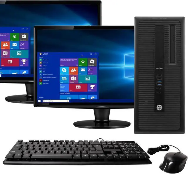 Main image of HP ProDesk 600G1 Tower Computer PC, 3.20 GHz Intel i5 Quad Core Gen 4, 16GB DDR3 RAM, 1TB SATA Hard Drive, Windows 10 Home 64 bit, Dual (2) 22” Screens Screen