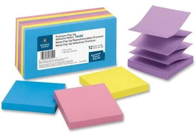 Alt view image 3 of 6 - Business Source Pop-up Adhesive Note Pads 3"x3" 100 Sh 12/PK AST Extreme 16450