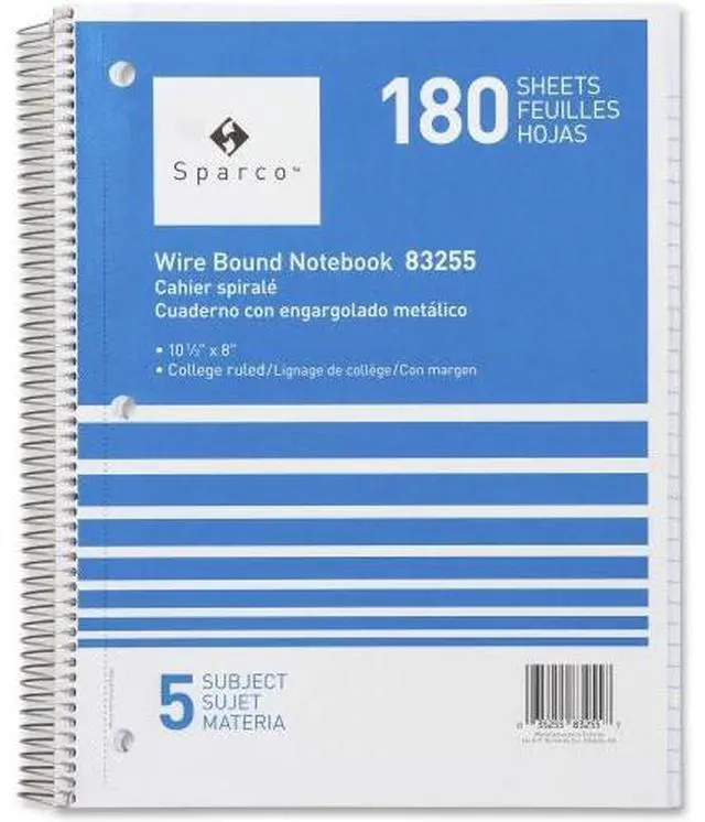 Alt view image 2 of 11 - Sparco Notebooks 5 Subject 10-1/2"x8" College Ruled 180 Sht AST 83255
