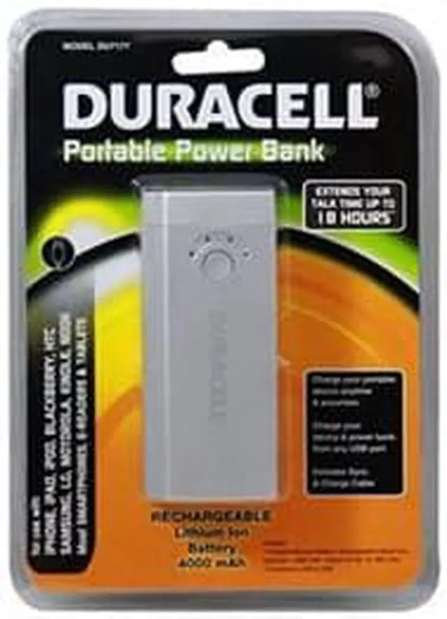 Alt view image 3 of 3 - DURACELL Portable Power Bank & AC Charger (4000 mAh) Battery Charger for use with iPhone, iPad, iPod, BlackBerry, Samsung, LG, Motorola, Kindle, Nook, Most SmartPhones, E-Readers and Tablets (SILVER)