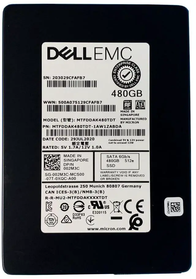 Main image of Dell 02M3C 480 GB SATA 2.5-Inch Solid State Drive - 6 Gbps - Mixed-Use TLC - Hot Swap - For PowerEdge 14G Server