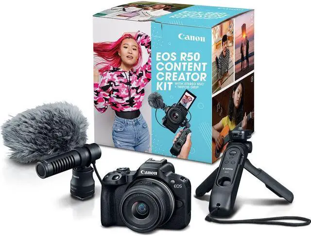 Main image of Canon 5811C059 EOS R50 Content Creator Kit - Mirrorless Vlogging Camera - 24.2 MP - 4K Video - RF-S18-45mm F4.5-6.3 IS STM Lens - Stereo Microphone - Tripod Grip