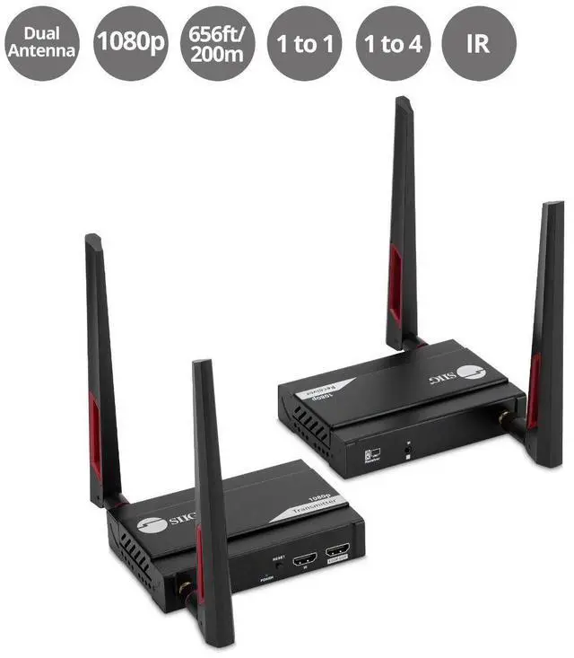 Main image of SIIG 1 to 4 Full HD Wireless HDMI Extender with Loopout & IR Kit - 5GHz wireless technology reliably extends HDMI signals up to 656ft (200m) away with IR remote control - Dual 2T2R Antennal ...