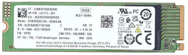 Main image of HP L61177-001 (Sk Hynix HFM256GDJTNI-82A0A) 256GB Solid State Drive - NVMe - PCIe 3.0 X 4 - M.2 2280 - 3D NAND QLC
