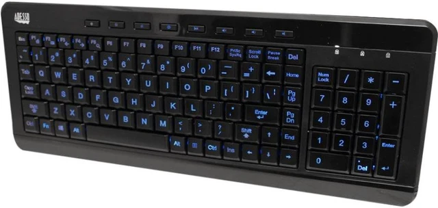 Main image of Adesso SlimTouch 120 - 3-Color Illuminated Compact Multimedia Keyboard - Cable Connectivity - USB Interface - English, French - Compatible with PC - Email, Search, Back, Forward, Play/Pause, Mute, ...