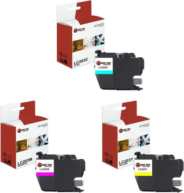 Main image of Laser Tek Services Compatible Ink Cartridge Replacement for Brother LC-203 LC203C LC203M LC203Y Works with Brother MFCJ480DW J485DW Printers (Cyan, Magenta, Yellow, 3 Pack)
