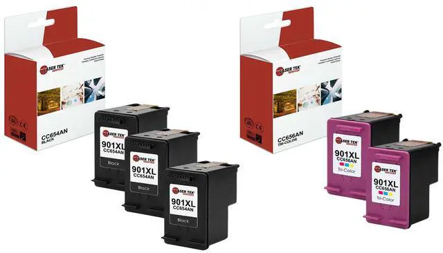 Alt view image 4 of 8 - Laser Tek Services® HP 901XL Compatible High Yield Replacement Ink Five Pack (3 Black CC654AN and 2 Tri-Color CC656AN)