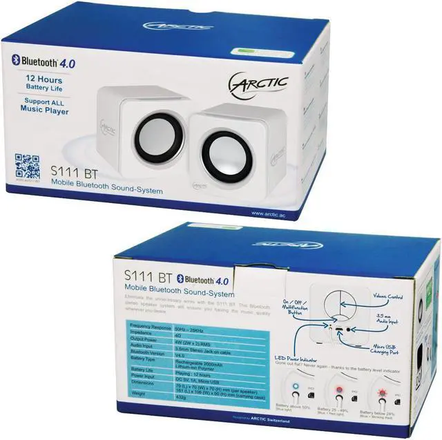 Alt view image 5 of 8 - Arctic S111 BT Mobile Bluetooth V4.0 Sound-System with 2 x 2 W RMS Retail Packaging Color White Model SPASO-SP009WH-GBA01