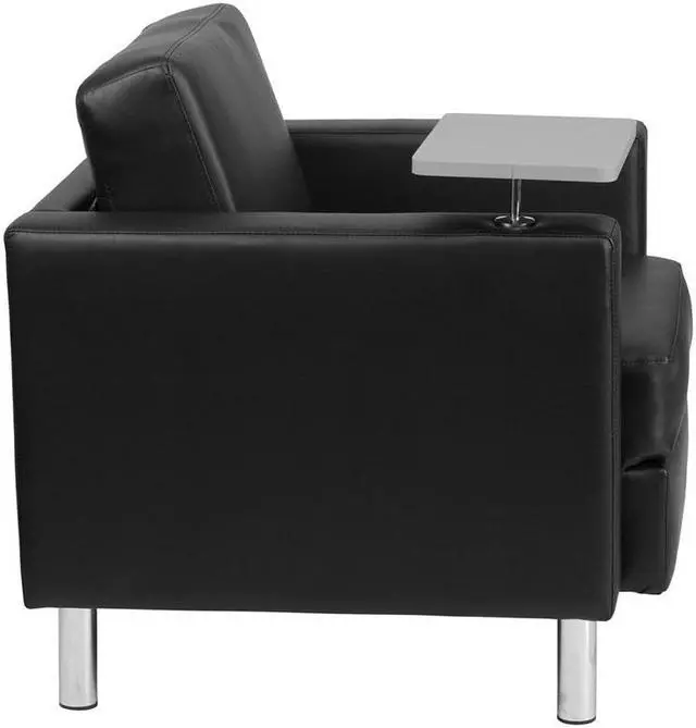 Alt view image 19 of 20 - Black Leather Guest Chair with Tablet Arm, Tall Chrome Legs and Cup Holder