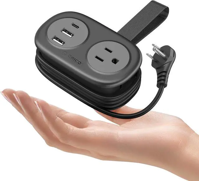 Main image of ORICO Pocket Power Strip for Travel, 5 in 1 Extension Cord with 2 AC Outlets 2 USB-A and 1 USB-C Ports, 3.7 ft Flat Plug Wrapped Around Power Strip for Cruise Office, Hotel, Home- AP3 (Black)