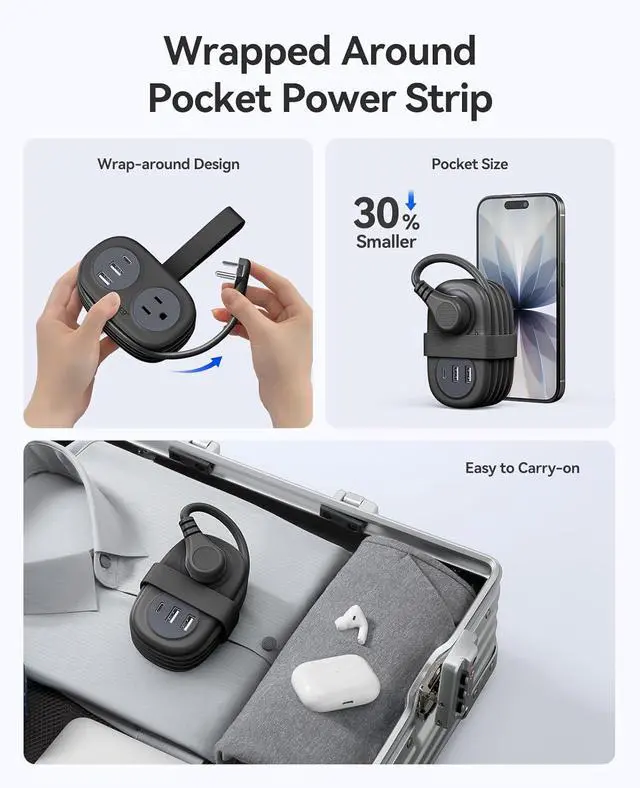 Alt view image 2 of 7 - ORICO Pocket Power Strip for Travel, 5 in 1 Extension Cord with 2 AC Outlets 2 USB-A and 1 USB-C Ports, 3.7 ft Flat Plug Wrapped Around Power Strip for Cruise Office, Hotel, Home- AP3 (Black)