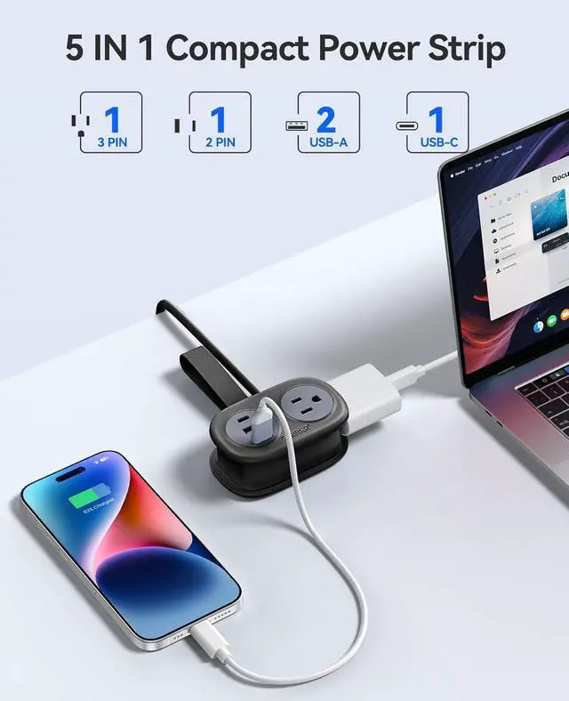 Alt view image 4 of 7 - ORICO Pocket Power Strip for Travel, 5 in 1 Extension Cord with 2 AC Outlets 2 USB-A and 1 USB-C Ports, 3.7 ft Flat Plug Wrapped Around Power Strip for Cruise Office, Hotel, Home- AP3 (Black)